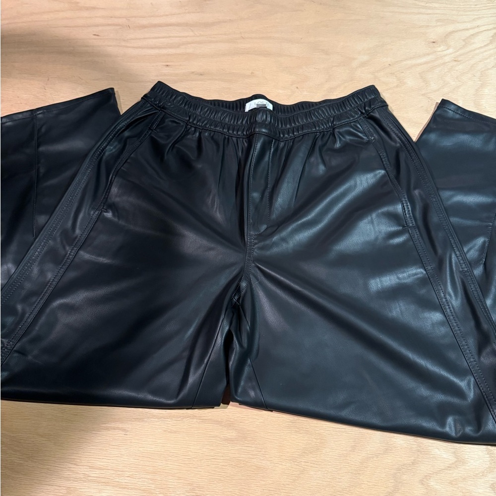 Loft Faux Leather Jogger Pants Black Elastic Waist Wide Leg Size M